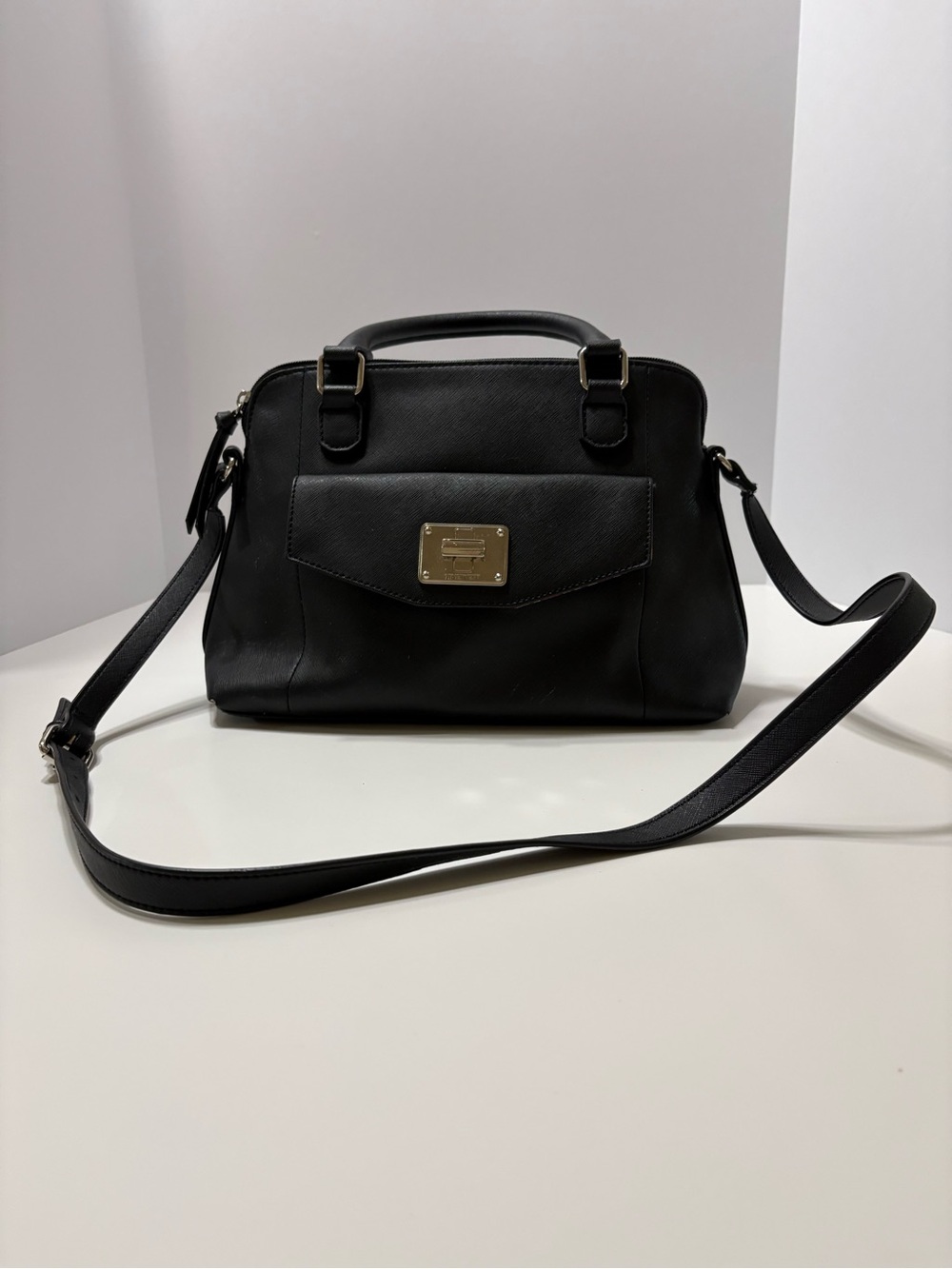 Nine West Black Satchel with Gold Plaque Detail